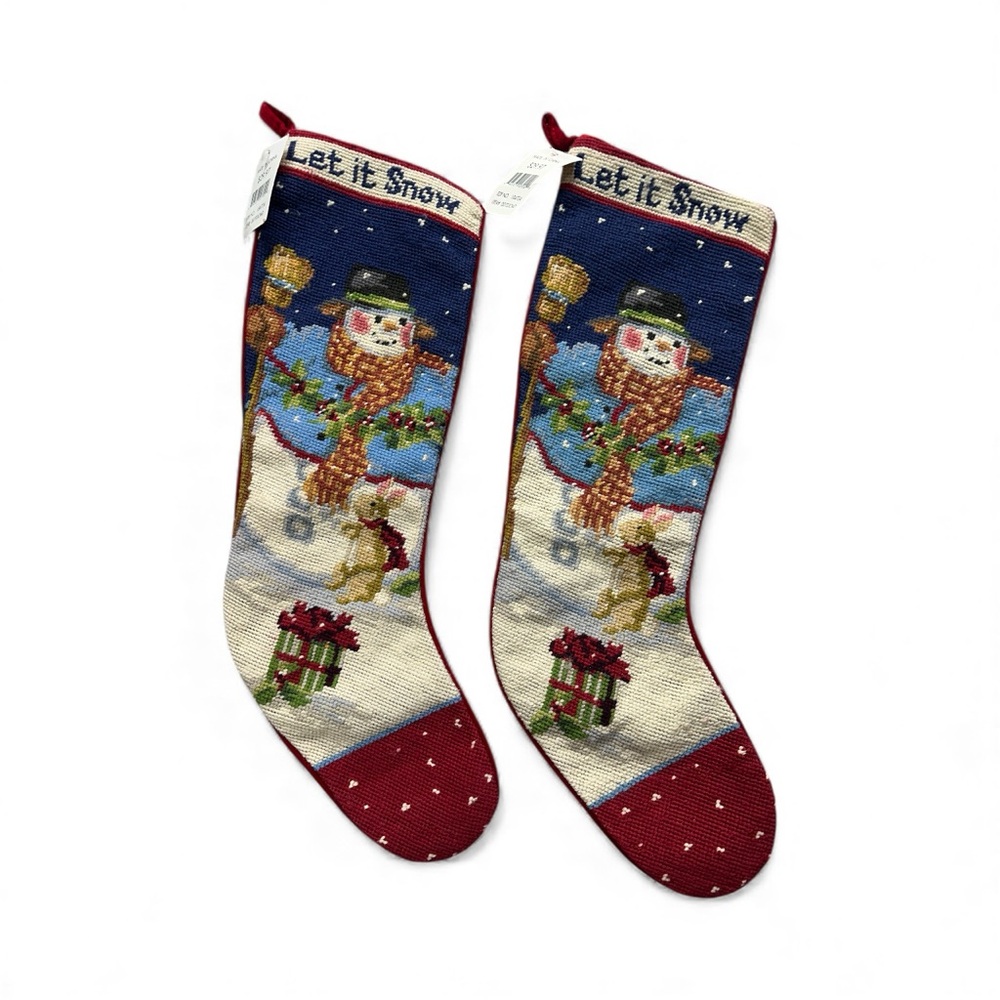Let‎ it Snow Needlepoint Christmas Stocking Snowman 21" x 6 1/2" NWT set of 2